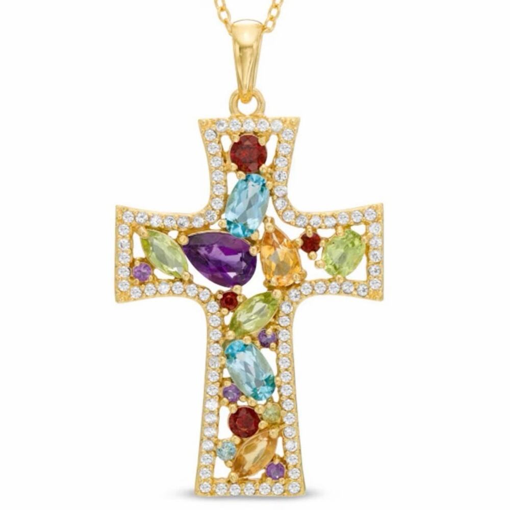 Zales 925 Sterling Silver 18K Gold Plate Multi Gemstone Cluster Cross Pendant